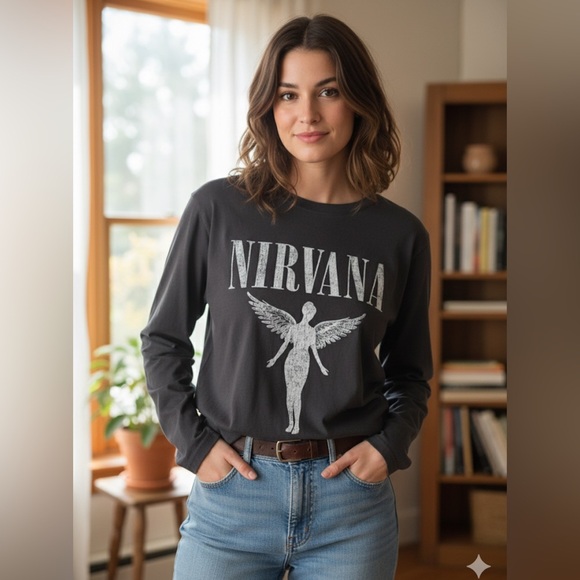 H&M Tops - H&M Charcoal Long  Sleeve Nirvana Tee Size Medium